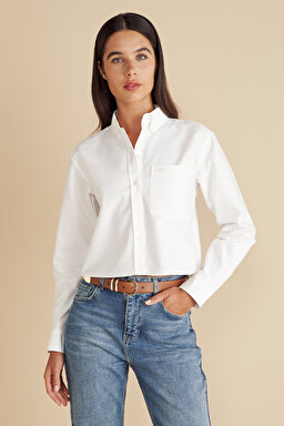 %100 Pamuk Logo Nakışlı Crop Oxford Gömlek - Beyaz (görsel 2)
