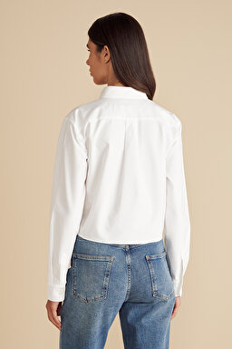 %100 Pamuk Logo Nakışlı Crop Oxford Gömlek - Beyaz (görsel 5)