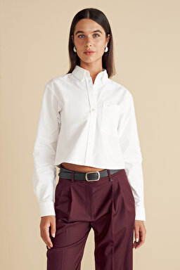 %100 Pamuk Logo Nakışlı Crop Oxford Gömlek - Beyaz (görsel 6)