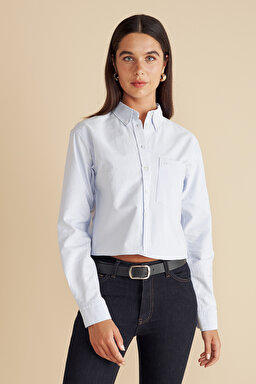 %100 Pamuk Logo Nakışlı Crop Oxford Gömlek - Mavi