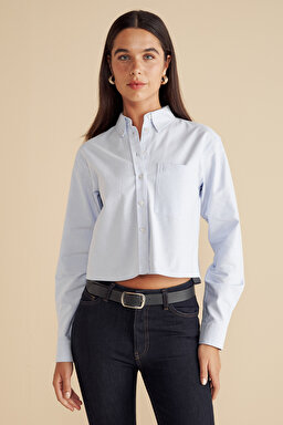 %100 Pamuk Logo Nakışlı Crop Oxford Gömlek - Mavi (görsel 2)