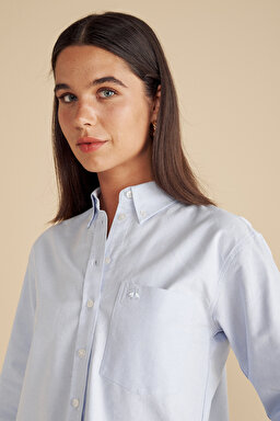 %100 Pamuk Logo Nakışlı Crop Oxford Gömlek - Mavi (görsel 4)