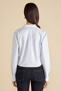 %100 Pamuk Logo Nakışlı Crop Oxford Gömlek - Mavi (görsel 5)