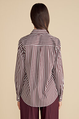%100 Pamuk Çizgili Oversize Gömlek - Bordo Çizgili (görsel 5)