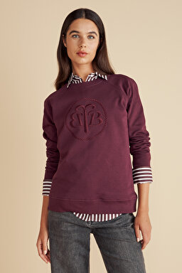 %100 Pamuk  Bisiklet Yaka Önü BB Nakışlı Sweatshirt - Bordo