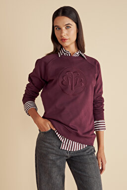 %100 Pamuk  Bisiklet Yaka Önü BB Nakışlı Sweatshirt - Bordo (görsel 2)