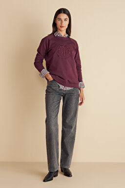 %100 Pamuk  Bisiklet Yaka Önü BB Nakışlı Sweatshirt - Bordo (görsel 4)