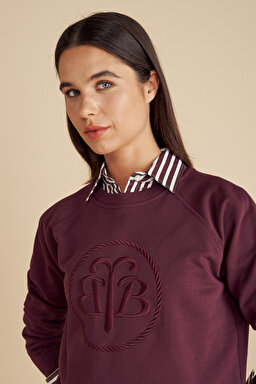 %100 Pamuk  Bisiklet Yaka Önü BB Nakışlı Sweatshirt - Bordo (görsel 5)