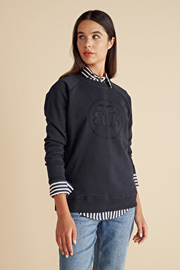 %100 Pamuk  Bisiklet Yaka Önü BB Nakışlı Sweatshirt - Lacivert (görsel 2)