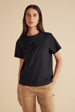 %100 Pamuk  Bisiklet Yaka Flok Baskılı T-shirt - Siyah