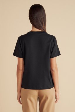 %100 Pamuk  Bisiklet Yaka Flok Baskılı T-shirt - Siyah (görsel 5)