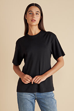 %100 Pamuk  Bisiklet Yaka Oversize Tişört - Siyah (görsel 4)