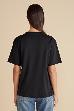 %100 Pamuk  Bisiklet Yaka Oversize Tişört - Siyah (görsel 6)
