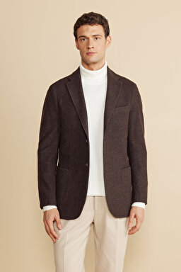 %100 Yün Mono Yaka Torba Cep Regular Fit  Limited Edition Ceket - Kahverengi (görsel 3)