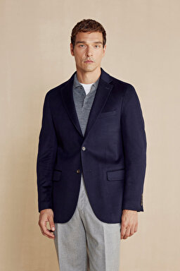 %100 Kaşmir Mono Yaka Kapak Cep Slim Fit  Limited Edition Ceket - Lacivert