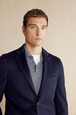 %100 Kaşmir Mono Yaka Kapak Cep Slim Fit  Limited Edition Ceket - Lacivert (görsel 4)
