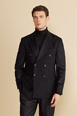 Sivri Yaka Kruvaze Torba Cep Slim Fit Kaşmir Yün Karışımlı Ceket - Siyah