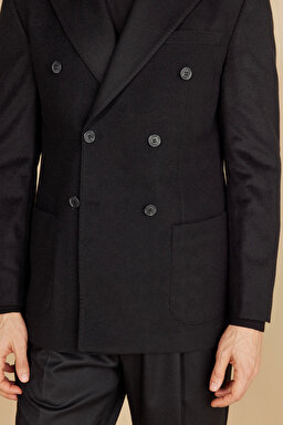 Sivri Yaka Kruvaze Torba Cep Slim Fit Kaşmir Yün Karışımlı Ceket - Siyah (görsel 6)