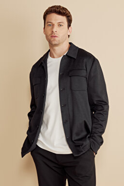 Pamuk Karışımlı Klasik Yaka Kapak Cep Örme Overshirt - Siyah (görsel 2)