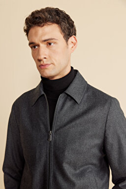 Klasik Yaka 100% Yün Bomber Mont - Antrasit (görsel 4)