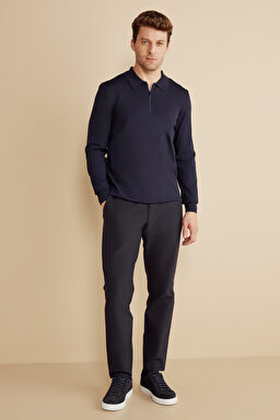 Polo Yaka Fermuarlı Uzun Kollu Rayon Kazak - Lacivert (görsel 3)