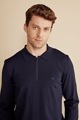 Polo Yaka Fermuarlı Uzun Kollu Rayon Kazak - Lacivert (görsel 4)