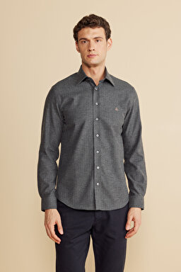%100  Pamuk Klasik Yaka Slim Fit Balıksırtı Desenli Flannel Gömlek - Antrasit