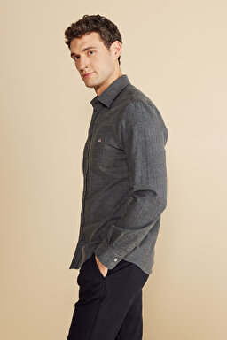 %100  Pamuk Klasik Yaka Slim Fit Balıksırtı Desenli Flannel Gömlek - Antrasit (görsel 2)