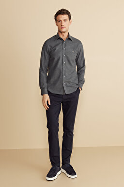 %100  Pamuk Klasik Yaka Slim Fit Balıksırtı Desenli Flannel Gömlek - Antrasit (görsel 3)