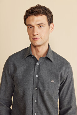 %100  Pamuk Klasik Yaka Slim Fit Balıksırtı Desenli Flannel Gömlek - Antrasit (görsel 4)