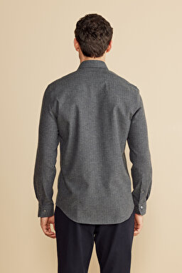 %100  Pamuk Klasik Yaka Slim Fit Balıksırtı Desenli Flannel Gömlek - Antrasit (görsel 5)