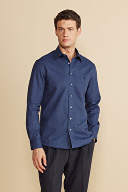 %100  Pamuk Klasik Yaka Slim Fit Balıksırtı Desenli Flannel Gömlek - Lacivert (görsel 2)