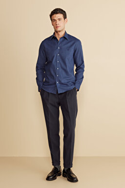 %100  Pamuk Klasik Yaka Slim Fit Balıksırtı Desenli Flannel Gömlek - Lacivert (görsel 3)