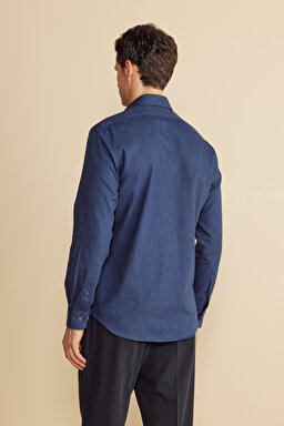 %100  Pamuk Klasik Yaka Slim Fit Balıksırtı Desenli Flannel Gömlek - Lacivert (görsel 5)