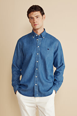   Düğmeli Yaka Regular Fit Denim Gömlek - Lacivert