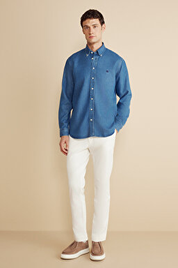   Düğmeli Yaka Regular Fit Denim Gömlek - Lacivert (görsel 3)