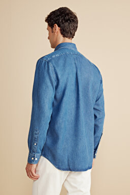   Düğmeli Yaka Regular Fit Denim Gömlek - Lacivert (görsel 5)