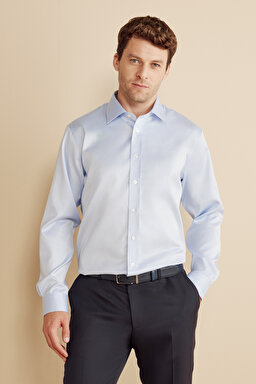 %100 Pamuk  Klasik Yaka Regular Fit Gabardin Doku Non Iron Gömlek - Mavi