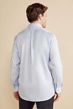 %100 Pamuk  Klasik Yaka Regular Fit Gabardin Doku Non Iron Gömlek - Mavi (görsel 5)