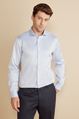 %100 Pamuk  İtalyan Yaka Slim Fit Gabardin Doku Non Iron Gömlek - Mavi