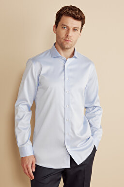 %100 Pamuk  İtalyan Yaka Slim Fit Gabardin Doku Non Iron Gömlek - Mavi (görsel 2)