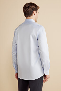 %100 Pamuk  İtalyan Yaka Slim Fit Gabardin Doku Non Iron Gömlek - Mavi (görsel 5)
