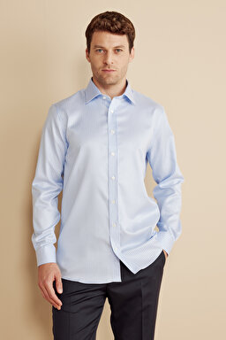%100  Pamuk  Klasik Yaka Slim Fit Çizgili Non Iron Gömlek - Mavi-Beyaz (görsel 2)