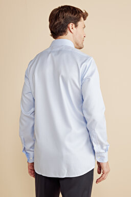 %100  Pamuk  Klasik Yaka Slim Fit Çizgili Non Iron Gömlek - Mavi-Beyaz (görsel 5)