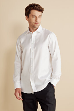 %100 Pamuk  Klasik Yaka Slim Fit Diagonal Non Iron Gömlek - Beyaz (görsel 2)