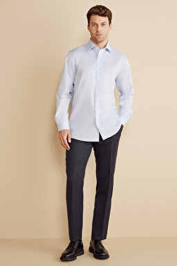 %100 Pamuk  Klasik Yaka Regular Fit Çizgili Non Iron Gömlek - Mavi-Beyaz (görsel 3)