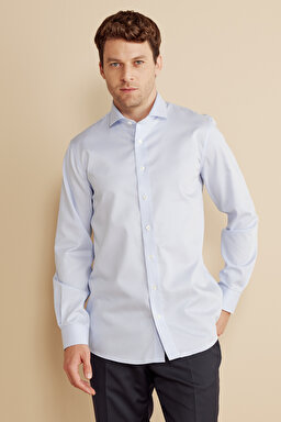 %100 Pamuk  İtalyan Yaka Slim Fit Çizgili Non Iron Gömlek - Mavi-Beyaz