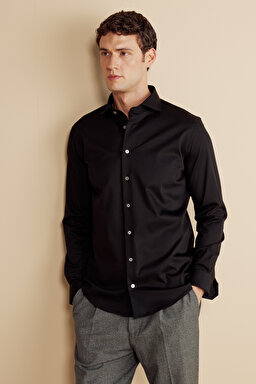 %100  Pamuk  İtalyan Yaka Slim Fit Örme Gömlek - Siyah (görsel 2)