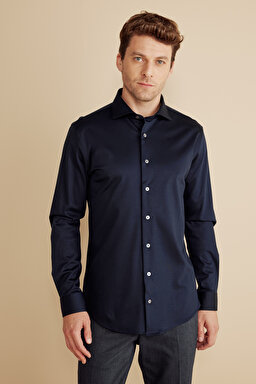 %100  Pamuk  İtalyan Yaka Slim Fit Örme Gömlek - Lacivert (görsel 2)