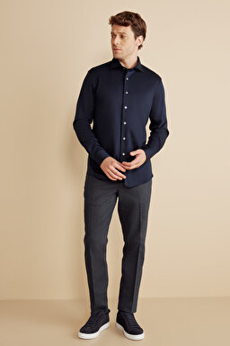 %100  Pamuk  İtalyan Yaka Slim Fit Örme Gömlek - Lacivert (görsel 3)